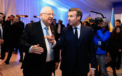 President Reuven Rivlin with French Prime Minister Emmanuel Macron at the President's Residence as Rivlin hosts over 40 world leaders as part of the World Holocaust Forum on January 22, 2020. (Olivier Fitoussi/Flash90)