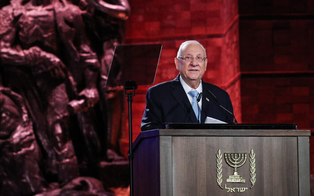 President Reuven Rivlin speaks during the Fifth World Holocaust Forum at the Yad Vashem Holocaust memorial museum in Jerusalem, 23 January 2020 (Yonatan Sindel/FLASH90) President Reuven Rivlin speaks during the Fifth World Holocaust Forum at the Yad Vashem Holocaust memorial museum in Jerusalem, 23 January 2020 (Yonatan Sindel/FLASH90)