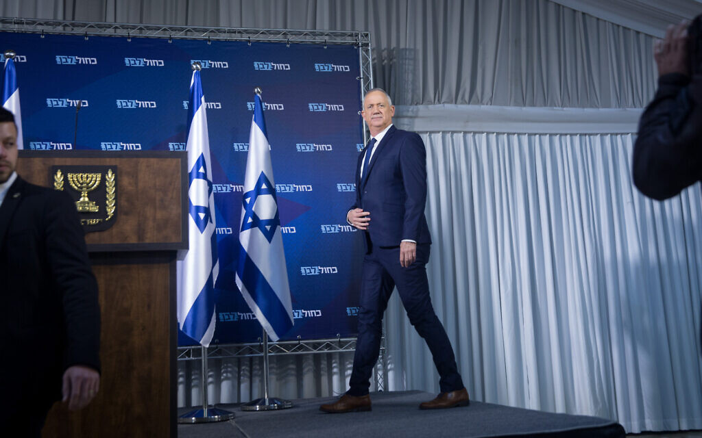 Blue and White party leader Benny Gantz holds a press conference in Ramat Gan on January 25, 2020. (Miriam Alster/Flash90) Blue and White party leader Benny Gantz holds a press conference in Ramat Gan on January 25, 2020. (Miriam Alster/Flash90)