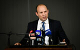 Defense Minister Naftali Bennett gives a statement to the media in the West Bank settlement of Ariel, January 26, 2020. (Sraya Diamant/Flash90)