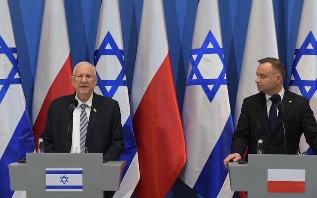 President Reuven Rivlin meets with Polish President Andrzej Duda in Krakow, Poland, January 27, 2020 (Amos Ben Gershon/GPO) President Reuven Rivlin meets with Polish President Andrzej Duda in Krakow, Poland, January 27, 2020 (Amos Ben Gershon/GPO)