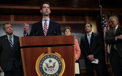 US Sen. Tom Cotton, Republican-Arkansas, speaks during a news conference at the US Capitol in Washington, D.C., April 4, 2019. (Alex Wong/Getty Images via JTA)