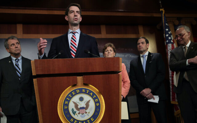 US Sen. Tom Cotton, Republican-Arkansas, speaks during a news conference at the US Capitol in Washington, D.C., April 4, 2019. (Alex Wong/Getty Images via JTA) US Sen. Tom Cotton, Republican-Arkansas, speaks during a news conference at the US Capitol in Washington, D.C., April 4, 2019. (Alex Wong/Getty Images via JTA)