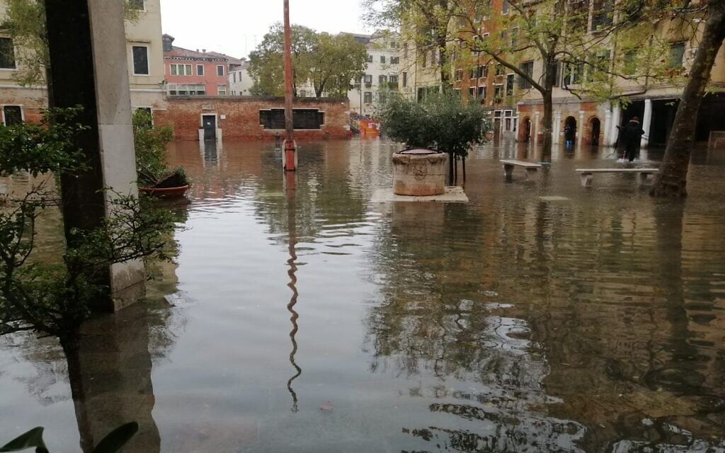The Campo del Ghetto Nuovo, the Venice Jewish ghetto's religious and commercial hub, experienced unusually high flooding in November 2019. (Giovanni Vigna/ Times of Israel)