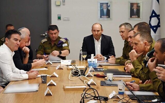 Defense Minister Naftali Bennett (C) and security chiefs during a situational assessment at the Kirya military headquarters in Tel Aviv on January 3, 2020. (Ariel Hermoni/Ministry of Defense) Defense Minister Naftali Bennett (C) and security chiefs during a situational assessment at the Kirya military headquarters in Tel Aviv on January 3, 2020. (Ariel Hermoni/Ministry of Defense)