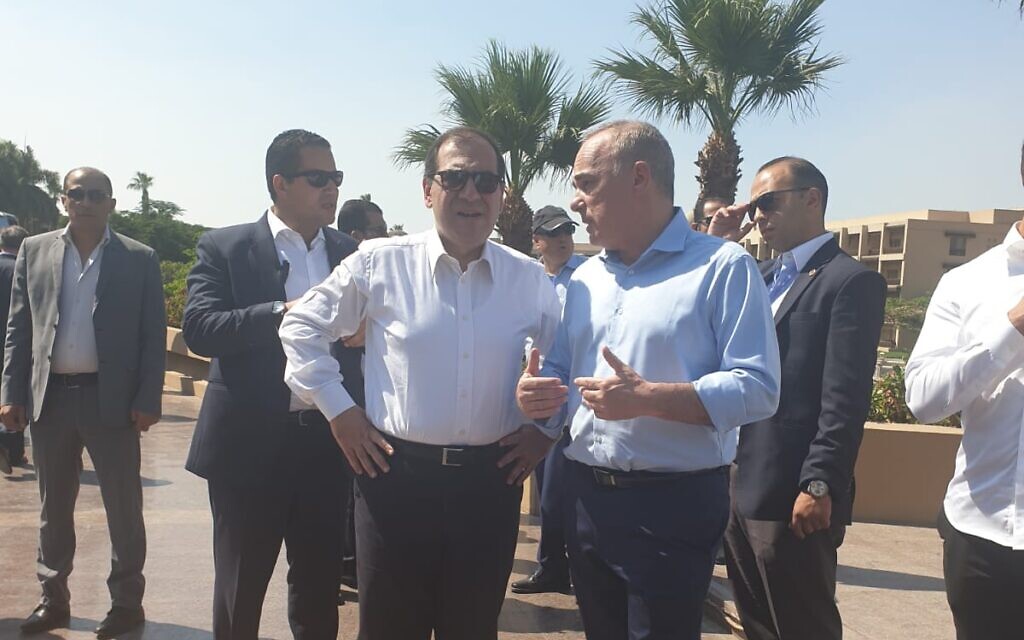 An undated photo of Energy Minister Yuval Steinitz (R) and Egyptian Petroleum Minister Tarek El-Molla speaking during a meeting of the Eastern Mediterranean Gas Forum, in Cairo, Egypt. (courtesy, Israeli Energy Ministry) An undated photo of Energy Minister Yuval Steinitz (R) and Egyptian Petroleum Minister Tarek El-Molla speaking during a meeting of the Eastern Mediterranean Gas Forum, in Cairo, Egypt. (courtesy, Israeli Energy Ministry)