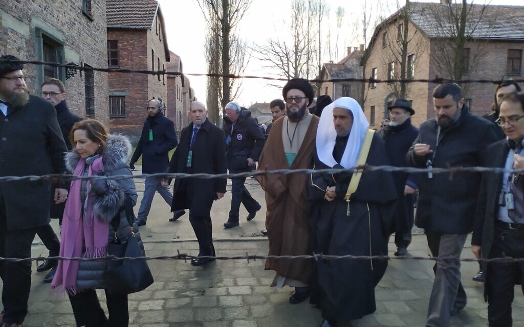 Illustrative: an interfaith delegation to Auschwitz including Muslim World League head Mohammed al-Issa, January 23, 2020. (Yaakov Schwartz/ Times of Israel)