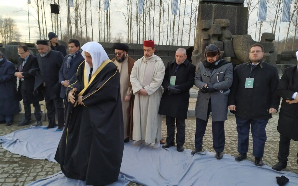 Muslim World League head Mohammed al-Issa leads a prayer ceremony in memory of the dead at Birkenau, January 23, 2020. (Yaakov Schwartz/ Times of Israel)