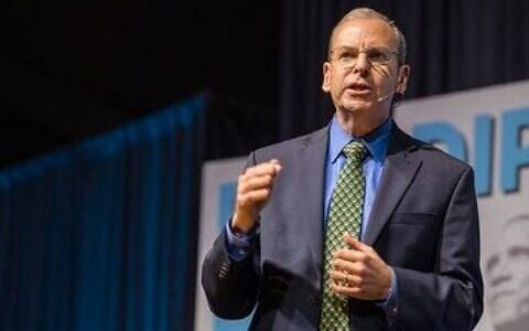 J Street President Jeremy Ben-Ami addresses the liberal Zionist group’s annual conference in Washington, DC, in October 2019. (Courtesy)