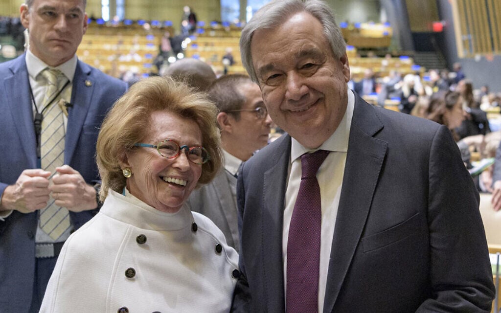 Secretary-General António Guterres (right) greets Irene Shashar, Holocaust survivor, at the United Nations Holocaust Memorial Ceremony on January 27, 2020. (UN Photo/Manuel Elias)