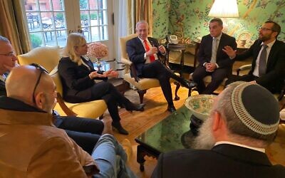 Settler leaders meet with Prime Minister Benjamin Netanyahu and his wife, Sara, at the Blair House in Washington on January 27, 2020. (Gush Etzion Regional Council)
