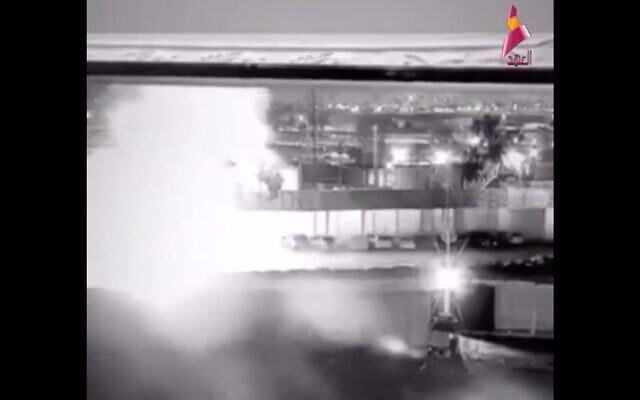 Surveillance footage aired by Iraqi television that is said to show the moment a convoy carrying Iranian Quds Force chief Qassem Soleimani was hit in a US airstrike at Baghdad international airport, January 3, 2019. (Screen capture: Twitter) Surveillance footage aired by Iraqi television that is said to show the moment a convoy carrying Iranian Quds Force chief Qassem Soleimani was hit in a US airstrike at Baghdad international airport, January 3, 2019. (Screen capture: Twitter)