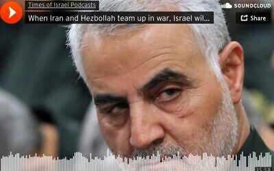 Senior Revolutionary Guard commander Gen. Qassem Soleimani, center, attends a meeting with Supreme Leader Ayatollah Ali Khamenei (not seen) and Revolutionary Guard commanders in Tehran, Iran, September 18, 2016. (Office of the Iranian Supreme Leader via AP/Screenshot of The Times of Israel Podcast)