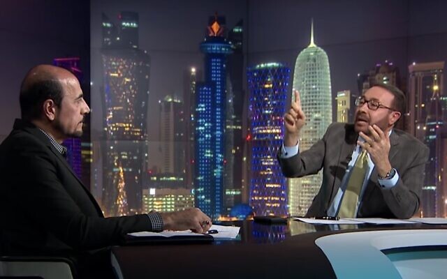 Al Jazeera presenter Faisal al-Qassem interviews former Iranian diplomat Amir Mousawi, January 7, 2019. (Screen capture: YouTube) Al Jazeera presenter Faisal al-Qassem interviews former Iranian diplomat Amir Mousawi, January 7, 2019. (Screen capture: YouTube)