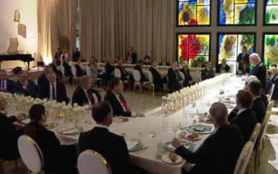 World leaders listen as President Reuven Rivlin delivers a speech at the President's Residence as part of the World Holocaust Forum on January 22, 2020. (Screenshot)