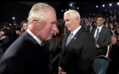 Britain's Prince Charles (L) and US Vice President Mike Pence at the World Holocaust Forum in Jerusalem, January 23, 2020. (Screen capture: Twitter)