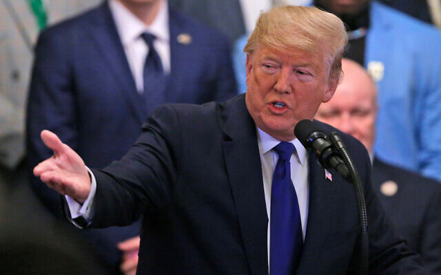 US President Donald Trump at a ceremony in the White House, January 17, 2020, in Washington. (AP/Steve Helber) US President Donald Trump at a ceremony in the White House, January 17, 2020, in Washington. (AP/Steve Helber)