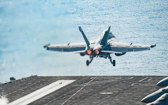 A US Air Force F/A-18E Super Hornet launches from the flight deck of the aircraft carrier USS Harry S. Truman in the Arabian Sea, January 6, 2020. (US Navy/Mass Communication Specialist 3rd Class Kaysee Lohmann) A US Air Force F/A-18E Super Hornet launches from the flight deck of the aircraft carrier USS Harry S. Truman in the Arabian Sea, January 6, 2020. (US Navy/Mass Communication Specialist 3rd Class Kaysee Lohmann)