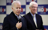 Democratic presidential candidate Joe Biden speaks alongside Iowa attorney general Tom Miller during a stop at a campaign field office in Des Moines, Iowa, January 13, 2020. (AP/Patrick Semansky)