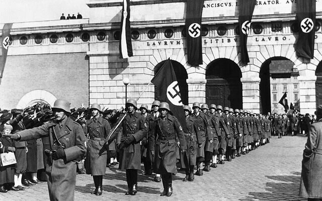 Austrian troops marching into Hero’s Square in Vienna, Austria, March 14, 1938. (AP)