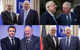 From top left clockwise: President Reuven Rivlin meets in Jerusalem with Russian President Vladimir Putin, Britain's Prince Charles, German President Frank-Walter Steinmeier and French President Emmanuel Macron. (Flash90)