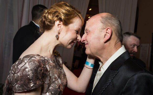 Actress Susan Lynskey eskimo kisses theater advocate Victor Shargai at the Helen Hayes Awards on April 21. Shargai was honored at the evening with the Helen Hayes Tribute for serving as theatreWashington's board chairman since 1997 ( Kate Warren for The Washington Post via Getty Images/JTA). Actress Susan Lynskey eskimo kisses theater advocate Victor Shargai at the Helen Hayes Awards on April 21. Shargai was honored at the evening with the Helen Hayes Tribute for serving as theatreWashington's board chairman since 1997 ( Kate Warren for The Washington Post via Getty Images/JTA).