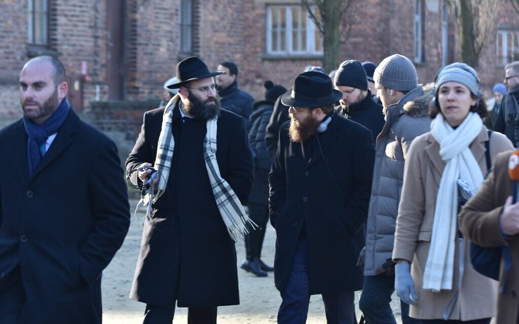 Rabbi Menachem Margolin, left, and Rabbi Slomo Koves, during a tour of Auschwitz as part of the EJA delegation, January 21, 2020. (Yoni Rykner/ EJA)