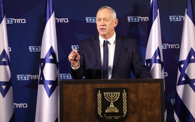 Blue and White chairman Benny Gantz addressing press in Ramat Gan, on January 25, 2020. (Elad Malka/Blue and White) Blue and White chairman Benny Gantz addressing press in Ramat Gan, on January 25, 2020. (Elad Malka/Blue and White)