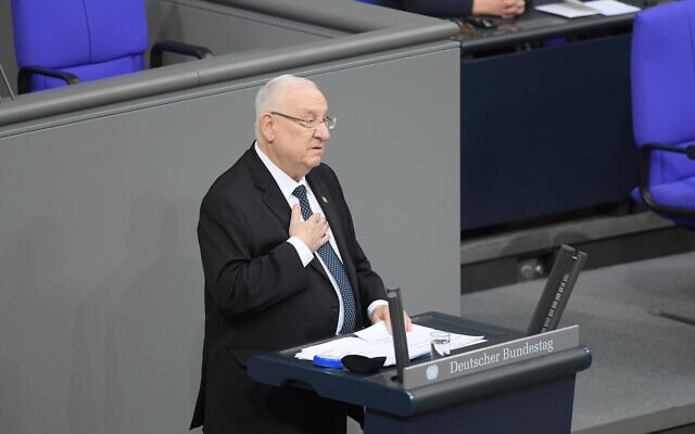 President Reuven Rivlin addresses the Bundestag during a parliamentary session in homage to Nazi victims at the Bundestag on January 29, 2020 in Berlin. (Amos Ben Gershom/GPO) President Reuven Rivlin addresses the Bundestag during a parliamentary session in homage to Nazi victims at the Bundestag on January 29, 2020 in Berlin. (Amos Ben Gershom/GPO)