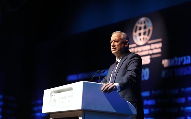 Blue and White chairman Benny Gantz speaks at an INSS conference on January 29, 2020. (Elad Malka)