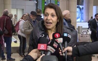 Screen capture from video of Yaffa Issachar, whose daughter Naama was jailed in Russia for tax offenses, seen arriving at Ben Gurion Airport, Israel, January 19, 2020. (Channel 12 news) Screen capture from video of Yaffa Issachar, whose daughter Naama was jailed in Russia for tax offenses, seen arriving at Ben Gurion Airport, Israel, January 19, 2020. (Channel 12 news)