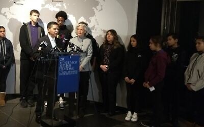 New York City Schools Chancellor Richard Carranza speaks at a news conference prior to a students' tour of the Museum of Jewish Heritage in New York City, January 15, 2020. (Ben Sales)