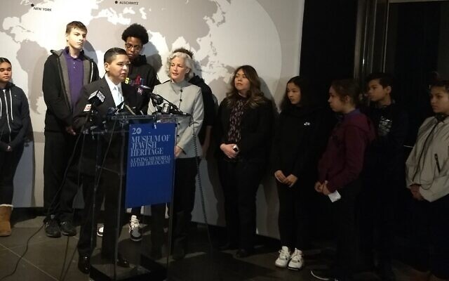 New York City Schools Chancellor Richard Carranza speaks at a news conference prior to a students' tour of the Museum of Jewish Heritage in New York City, January 15, 2020. (Ben Sales)
