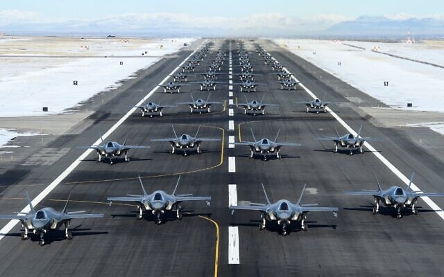 52 F-35 jets line up for a launch exercise at Utah's Hill Air Force Base in show of force and combat readiness amid US-Iran tensions, January 6, 2020. (US Air Force/R. Nial Bradshaw/Twitter screen capture) 52 F-35 jets line up for a launch exercise at Utah's Hill Air Force Base in show of force and combat readiness amid US-Iran tensions, January 6, 2020. (US Air Force/R. Nial Bradshaw/Twitter screen capture)