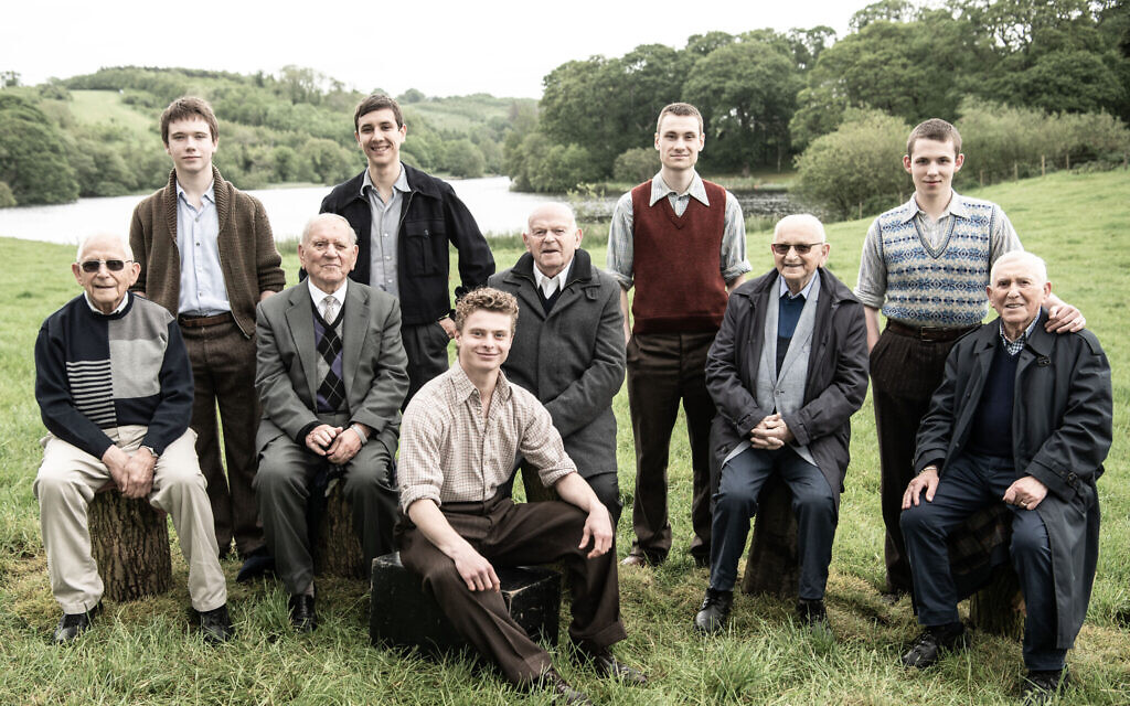 'The Windermere Children.' Left to right: Chaim ‘Harry’ Olmer, Kacper Swietek, Arek Hersh MBE, Tomasz Studzinski, Pascal Fischer, Sir Ben Helfgott, Marek Wrobelewski, Sam Laskier, Kuba Sprenger, Ike Alterman  (BBC/Wall to Wall/ZDF/ Helen Sloan)