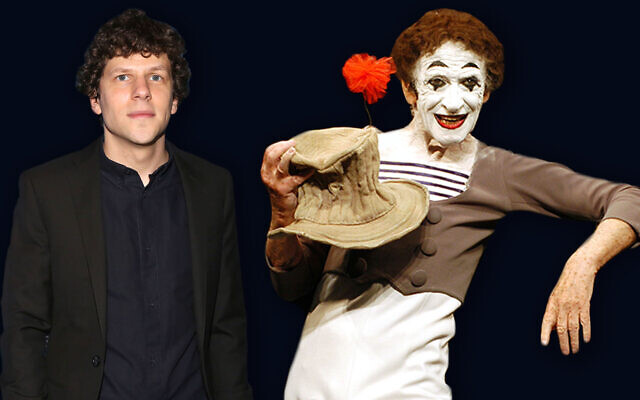 Jesse Eisenberg (L) attends the Child Mind Institute's 2019 Child Advocacy Award Dinner in New York City, Nov. 19, 2019 (Sylvain Gaboury/Patrick McMullan via Getty Images via JTA); at right, Marcel Marceau performs at the Geffen Playhouse in Westwood California, July 31, 2002. (Michel Boutefeu/Getty Images via JTA) Jesse Eisenberg (L) attends the Child Mind Institute's 2019 Child Advocacy Award Dinner in New York City, Nov. 19, 2019 (Sylvain Gaboury/Patrick McMullan via Getty Images via JTA); at right, Marcel Marceau performs at the Geffen Playhouse in Westwood California, July 31, 2002. (Michel Boutefeu/Getty Images via JTA)