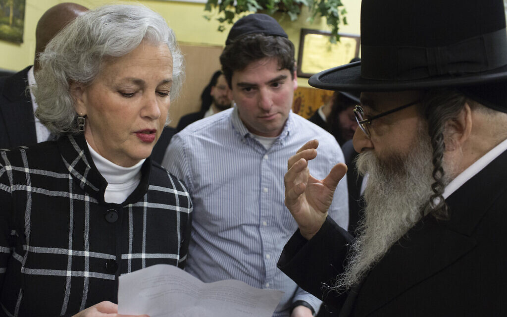 Deborah Lauter, the new director of the New York City Office for the Prevention of Hate Crimes, attends a news conference in Brooklyn to denounce the deadly hate crime shooting in Jersey City, New Jersey, December 12, 2019. (Andrew Lichtenstein/ Getty Images/ via JTA) Deborah Lauter, the new director of the New York City Office for the Prevention of Hate Crimes, attends a news conference in Brooklyn to denounce the deadly hate crime shooting in Jersey City, New Jersey, December 12, 2019. (Andrew Lichtenstein/ Getty Images/ via JTA)