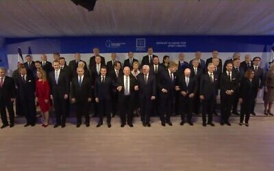 World leaders pose for a group photo at the President's Residence in Jerusalem, January 22, 2020. (YouTube screen capture)