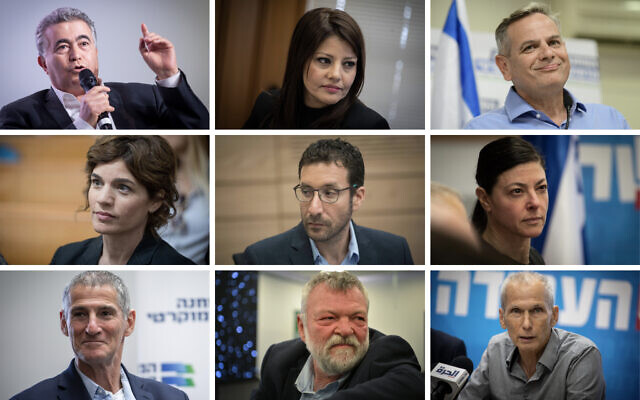Members of the new Labor-Gesher, Meretz alliance, according to their placement on the slate (left to right, top to bottom): Labor head Amir Peretz, Gesher leader Orly Levy-Abekasis, Meretz chief Nitzan Horowitz, Meretz's Tamar Zandberg, Labor's Itzik Shmuli, Labor's Merav Michaeli, former IDF deputy chief of staff Yair Golan, Meretz's Ilan Gilon, Labor's Omer Barlev (Flash90) Members of the new Labor-Gesher, Meretz alliance, according to their placement on the slate (left to right, top to bottom): Labor head Amir Peretz, Gesher leader Orly Levy-Abekasis, Meretz chief Nitzan Horowitz, Meretz's Tamar Zandberg, Labor's Itzik Shmuli, Labor's Merav Michaeli, former IDF deputy chief of staff Yair Golan, Meretz's Ilan Gilon, Labor's Omer Barlev (Flash90)