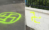 Swastikas outside the Temple Sinai synagogue in Wellington, New Zealand on January 22, 2020. (Wellington City Council via JTA)