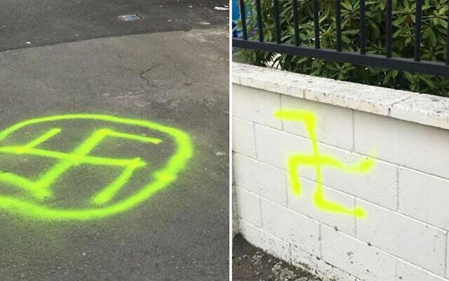 Swastikas outside the Temple Sinai synagogue in Wellington, New Zealand on January 22, 2020. (Wellington City Council via JTA) Swastikas outside the Temple Sinai synagogue in Wellington, New Zealand on January 22, 2020. (Wellington City Council via JTA)