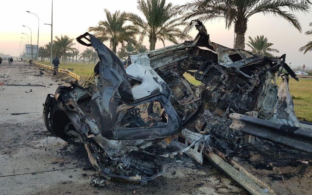 The wreckage of an American airstrike that killed Iranian general Qassem Soleimani in Baghdad on January 3, 2020. (Social media) The wreckage of an American airstrike that killed Iranian general Qassem Soleimani in Baghdad on January 3, 2020. (Social media)