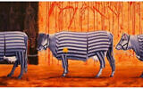 A drawing of cows wearing concentration camp uniforms and a yellow star, meant to compare the meat industry to the Holocaust. (Sylwia Spurek/Jo Frederiks/via JTA)