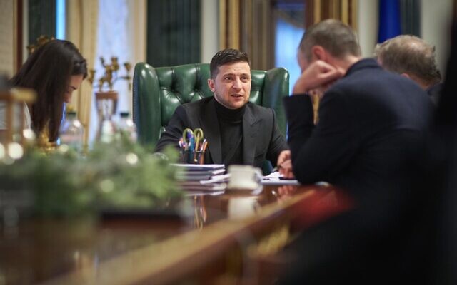 Ukraine President Volodymyr Zelensky, interviewed by The Times of Israel in his office in Kyiv, on January 18, 2020 (Press service of the Office of the President of Ukraine) Ukraine President Volodymyr Zelensky, interviewed by The Times of Israel in his office in Kyiv, on January 18, 2020 (Press service of the Office of the President of Ukraine)