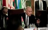Arab League Secretary-General Ahmed Aboul Gheit speaks during an Arab League emergency meeting discussing the US-brokered proposal for a settlement of the Middle East conflict, Cairo, February 1, 2020. (Khaled DESOUKI/AFP)