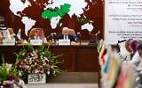 Palestinian Authority Foreign Minster Riyad al-Maliki (C) delivers a speech during an emergency ministerial meeting of the Organisation of Islamic Cooperation (OIC) in Jeddah on February 3, 2020, to address US President Donald Trump's Middle East plan. (Photo by Amer HILABI / AFP)