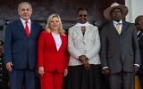 Ugandan President Yoweri Museveni (R) and Uganda's First Lady Janet Museveni (2nd-R) pose for photo with Prime Minister Benjamin Netanyahu and his wife Sara Netanyahu at the State House in Entebbe, Uganda, February 3, 2020. (Sumy Sadurni/AFP)
