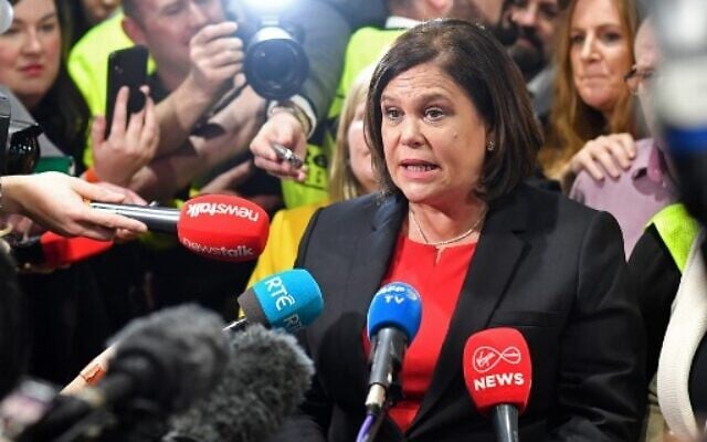 Irish republican Sinn Fein party leader Mary Lou McDonald speaks to members of the media after arriving at the Dublin City count in the RDS centre in Dublin, Ireland on February 9, 2020. (Ben STANSALL / AFP) Irish republican Sinn Fein party leader Mary Lou McDonald speaks to members of the media after arriving at the Dublin City count in the RDS centre in Dublin, Ireland on February 9, 2020. (Ben STANSALL / AFP)