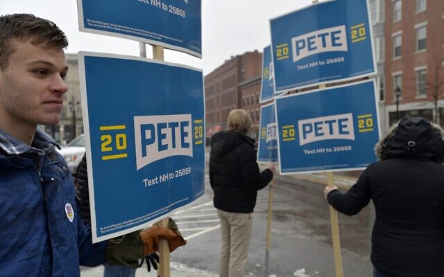 Supporters of US presidential candidate Pete Buttigieg stand outside the State House during the New Hampshire primary in Concord, New Hampshire on February 11, 2020. (Joseph Prezioso/AFP) Supporters of US presidential candidate Pete Buttigieg stand outside the State House during the New Hampshire primary in Concord, New Hampshire on February 11, 2020. (Joseph Prezioso/AFP)