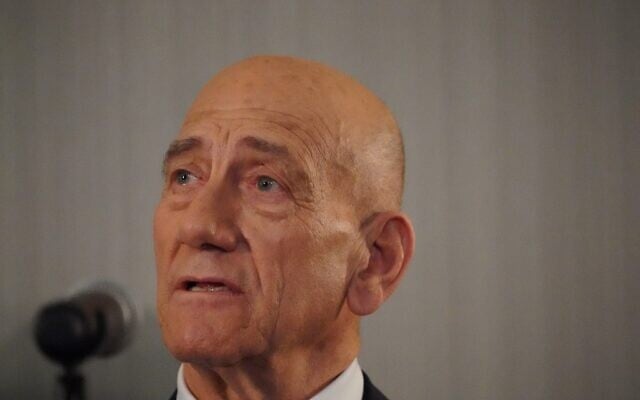 Former Israeli prime minister Ehud Olmert speaks at a briefing at UN headquarters in New York with Palestinian Authority President Mahmoud Abbas on February 11, 2020. (Bryan R. Smith/AFP) Former Israeli prime minister Ehud Olmert speaks at a briefing at UN headquarters in New York with Palestinian Authority President Mahmoud Abbas on February 11, 2020. (Bryan R. Smith/AFP)